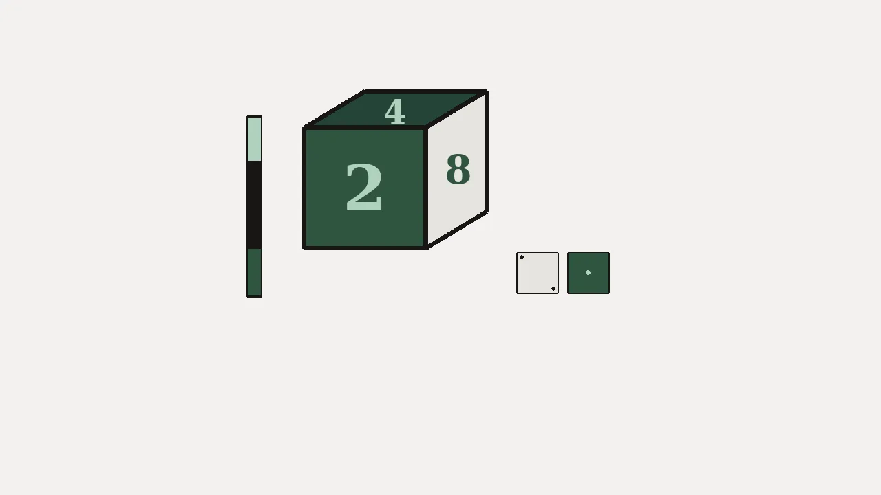 Abstract doubling cube showing faces 2, 4, and 8 beside a point bar on gammon-ink paper.